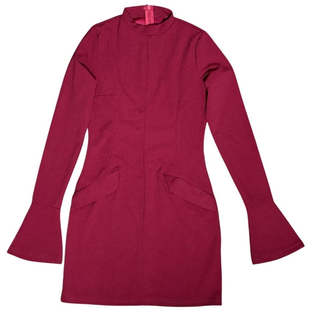 NEW Bodycon Burgundy Long Sleeve Dress With Bell Sleeves Size XS